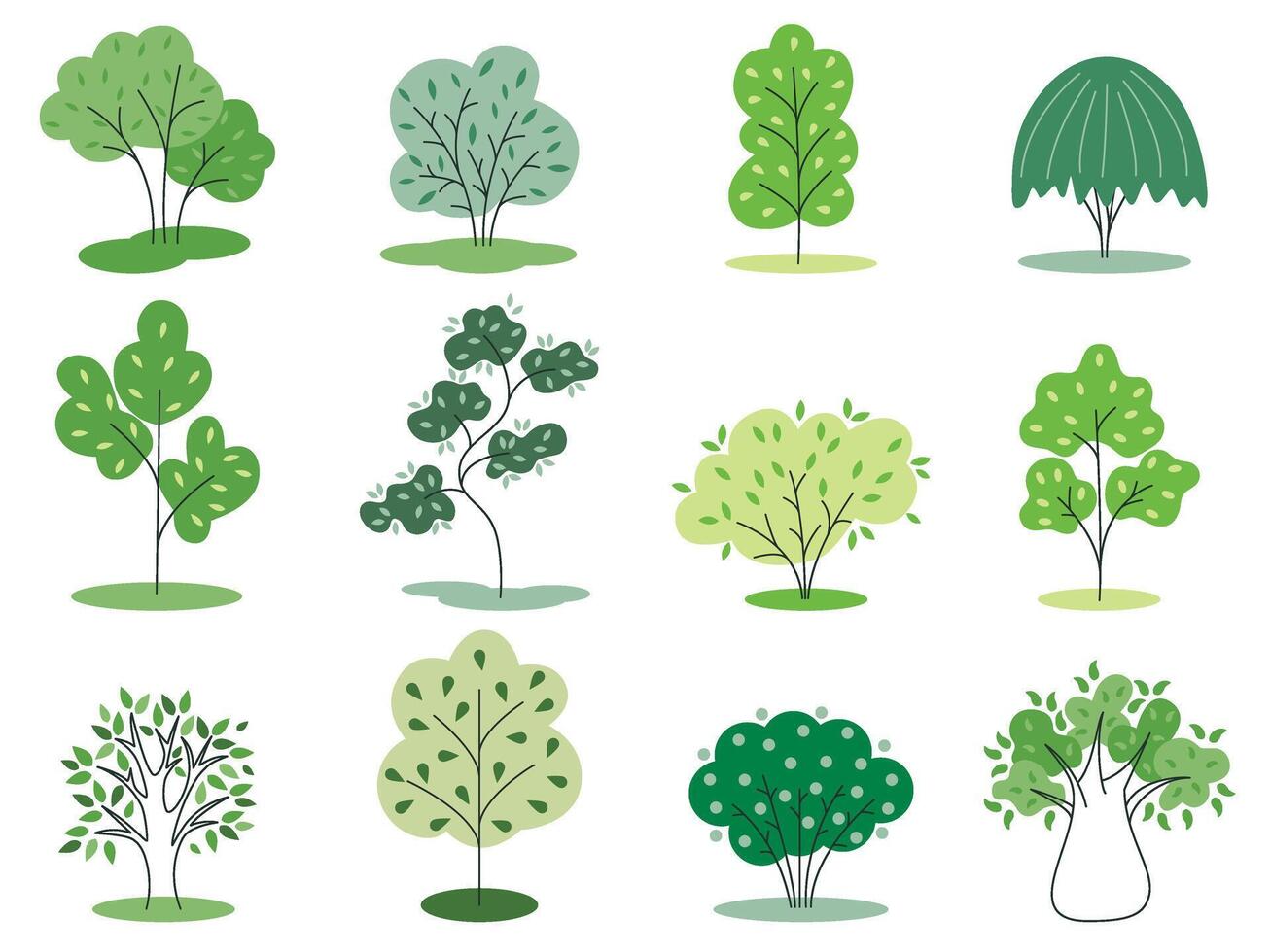 Set of spring trees in flat style with green leaves vector