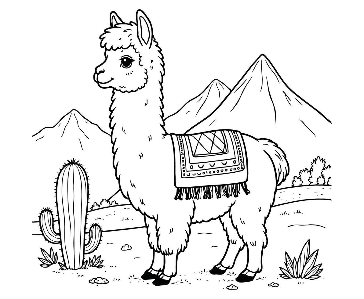 Fluffy Alpaca with Blanket in Mountain Coloring Page for kids vector