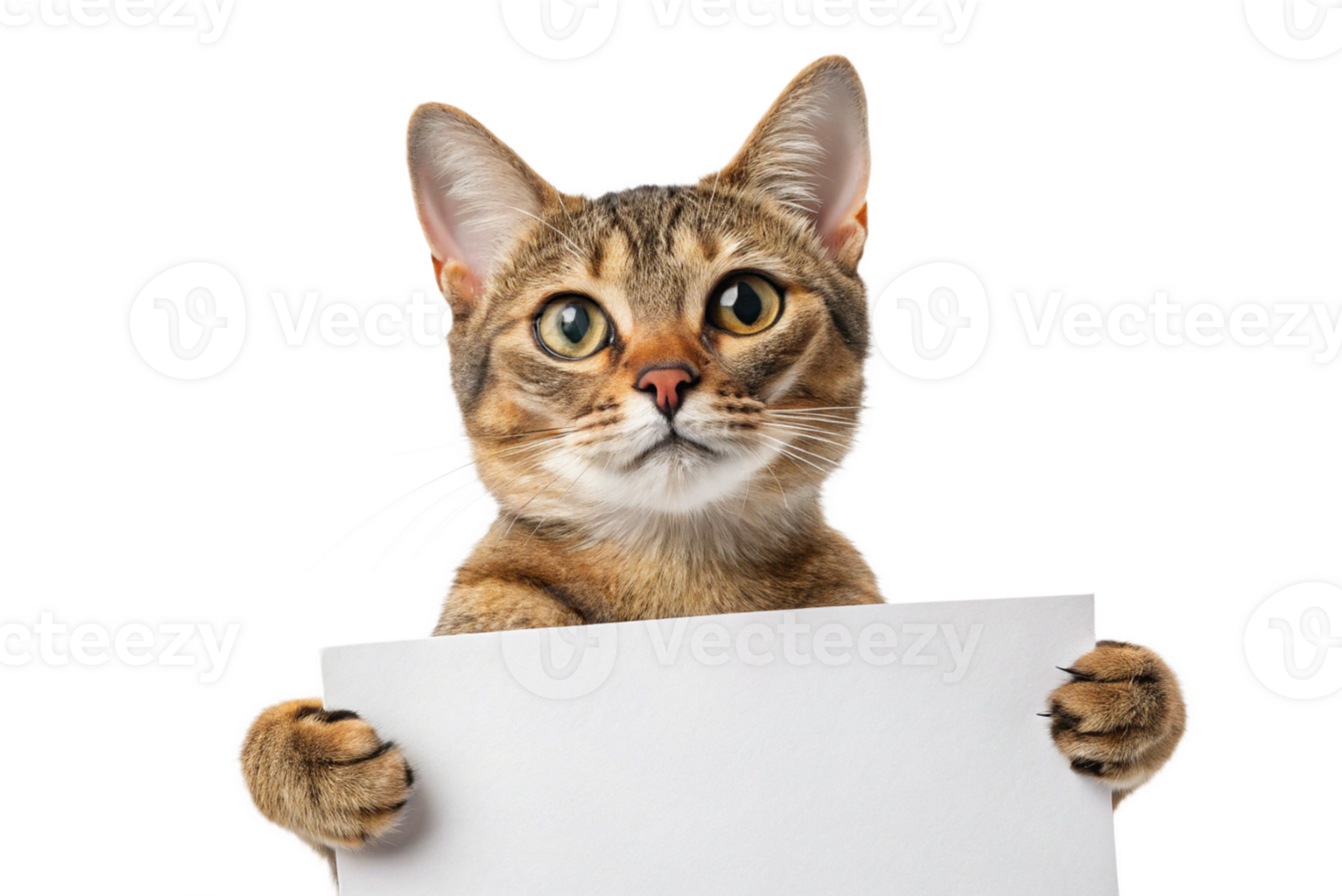 Cat with a blank sign in your hands on white isolated png