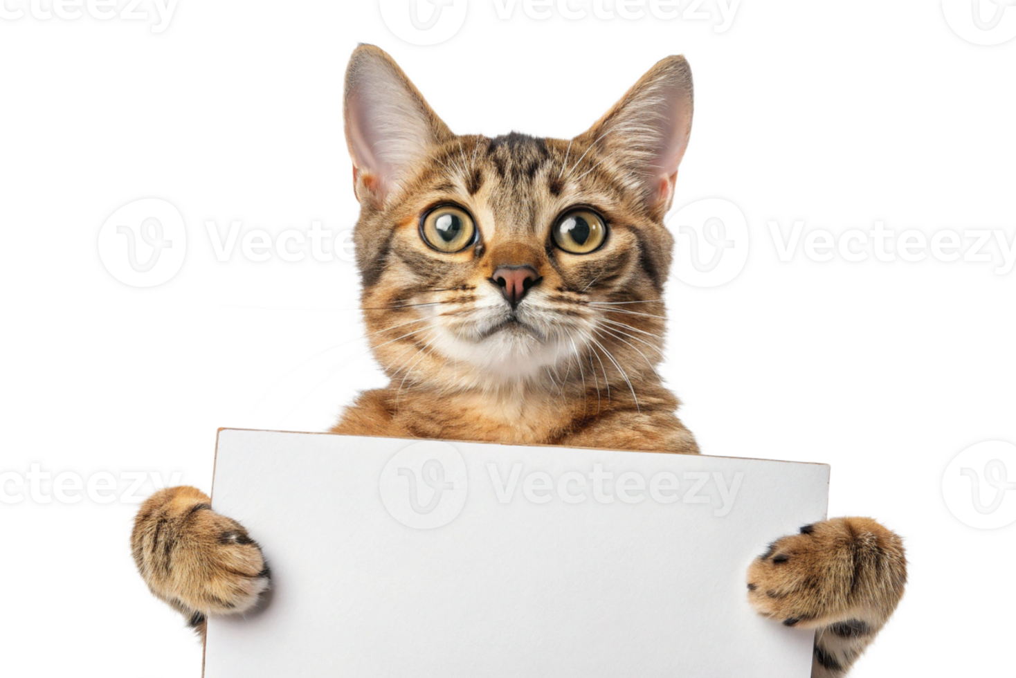 Cat with a blank sign in your hands on white isolated- generated by ai png