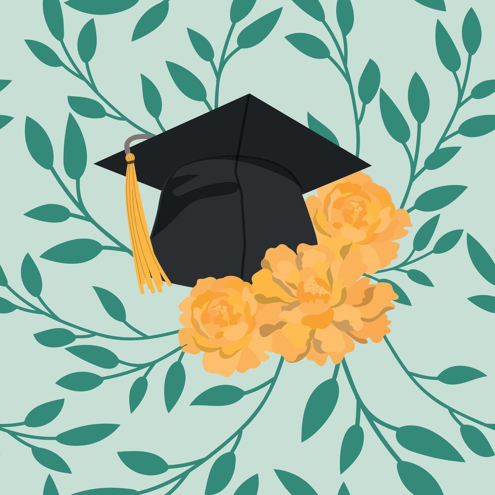 Seamless pattern with graduation cap and peony flowers vector