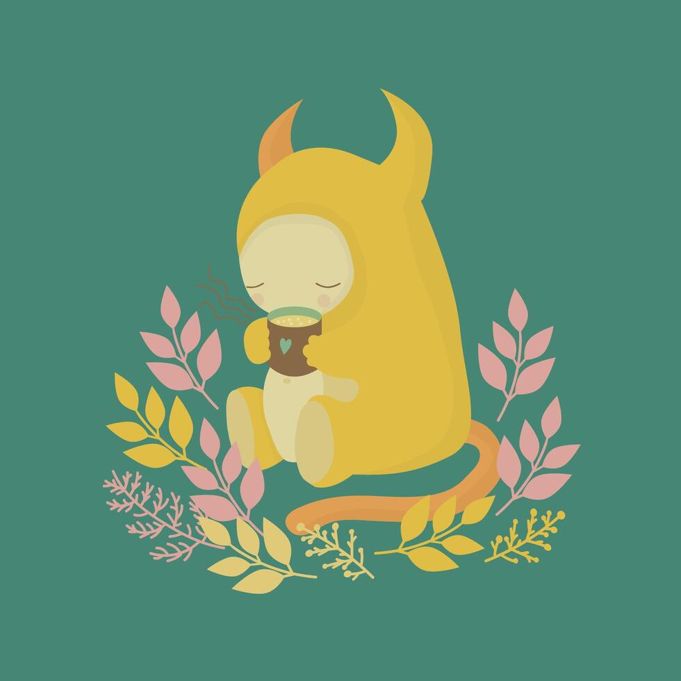 Illustration of a friendly yellow cartoon monster enjoying a mug of hot tea in a forest vector