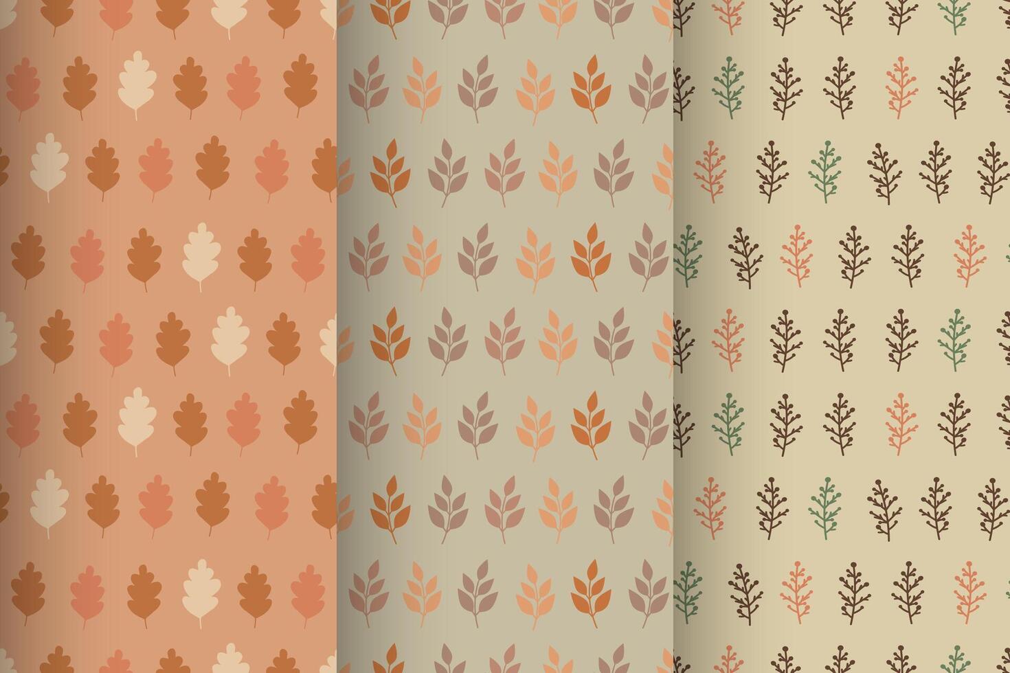 Collection of natural seamless patterns featuring twigs and leaves, autumn cozy illustrations vector