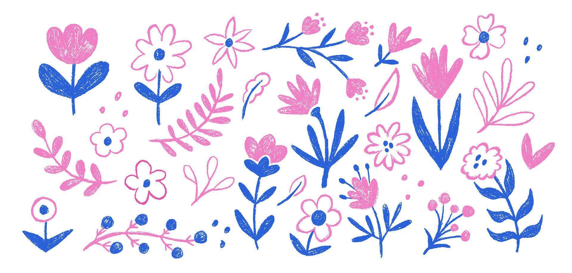 Set of flower kid crayon pencil. Abstract drawn floral elements. Child color crayon chalk botanical plant. Blue and pink colors vector