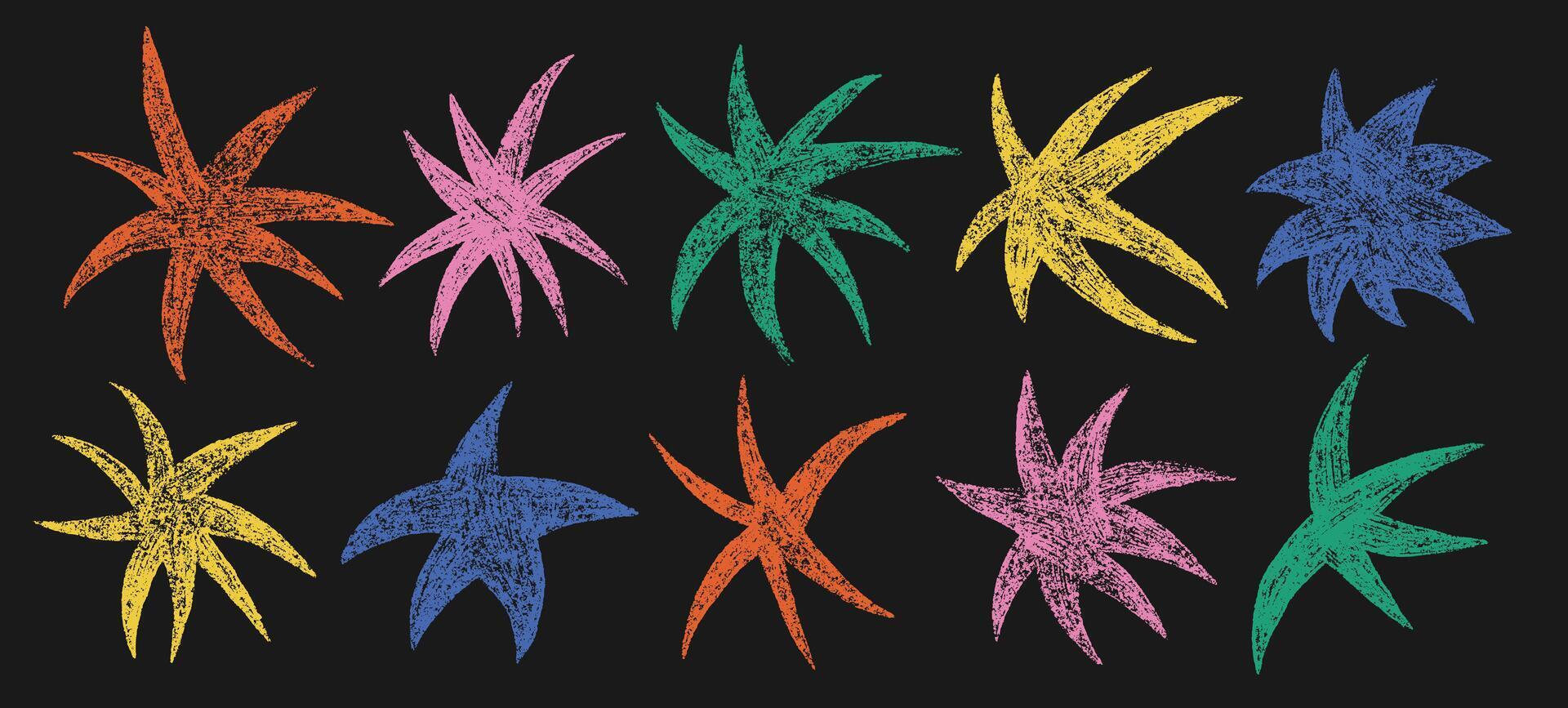 Set of playful abstract stars shape. Spiked Grunge color charcoal scrawl stars. Freehand crayon pencil starry elements. vector