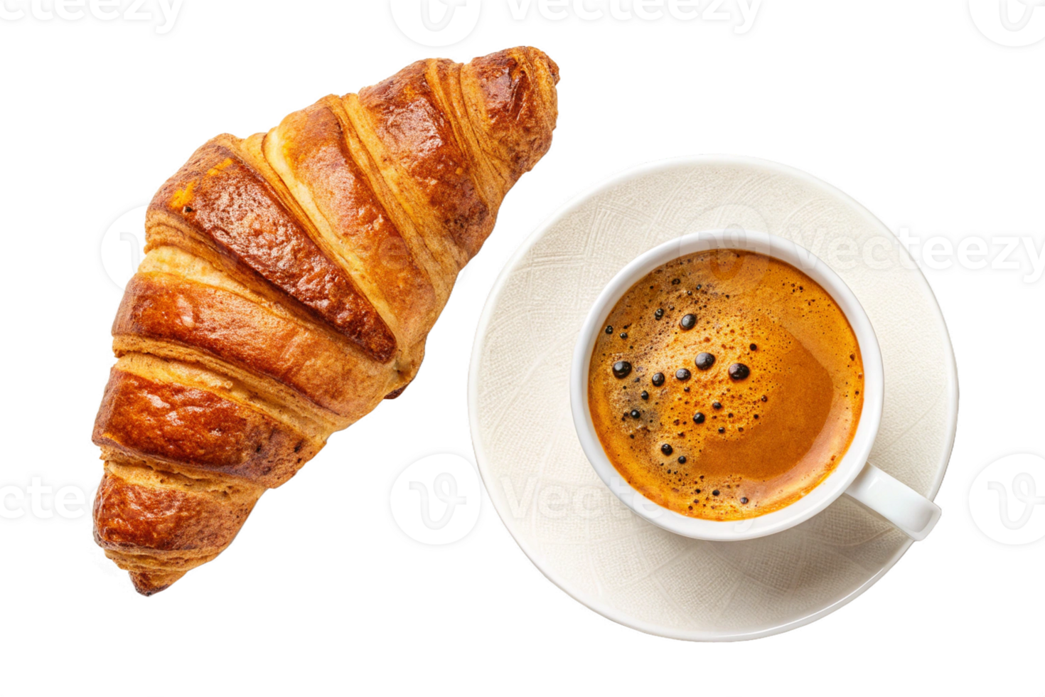 croissant and coffee with vibrant colors floating isolated, HDR image - generated by ai png