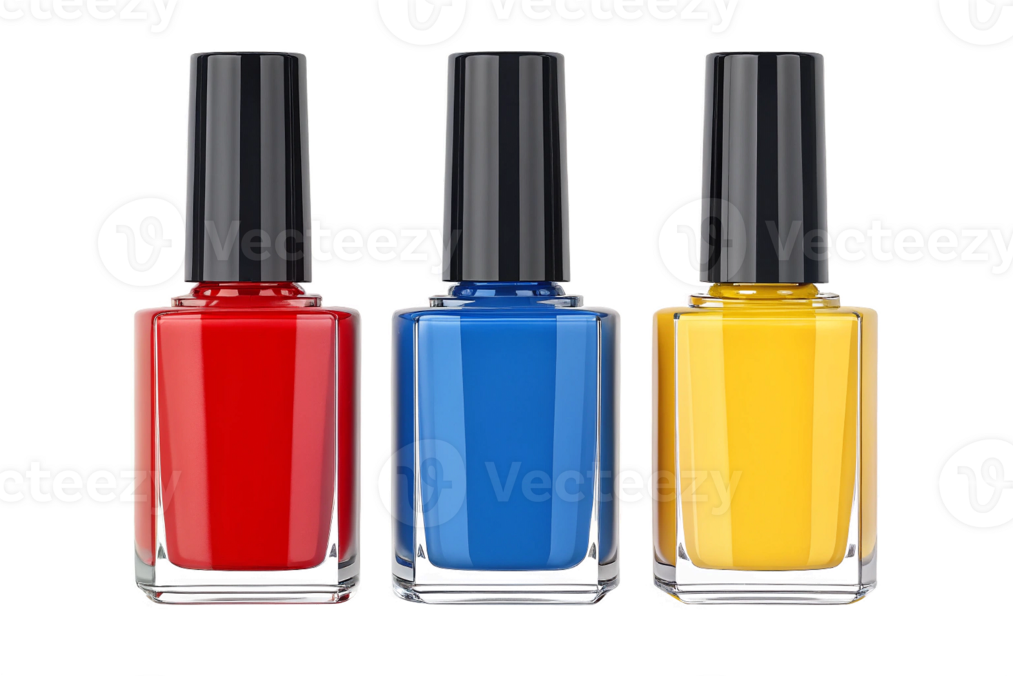 Set of three nail polish bottles in bold colors isolated- 3d rendering png
