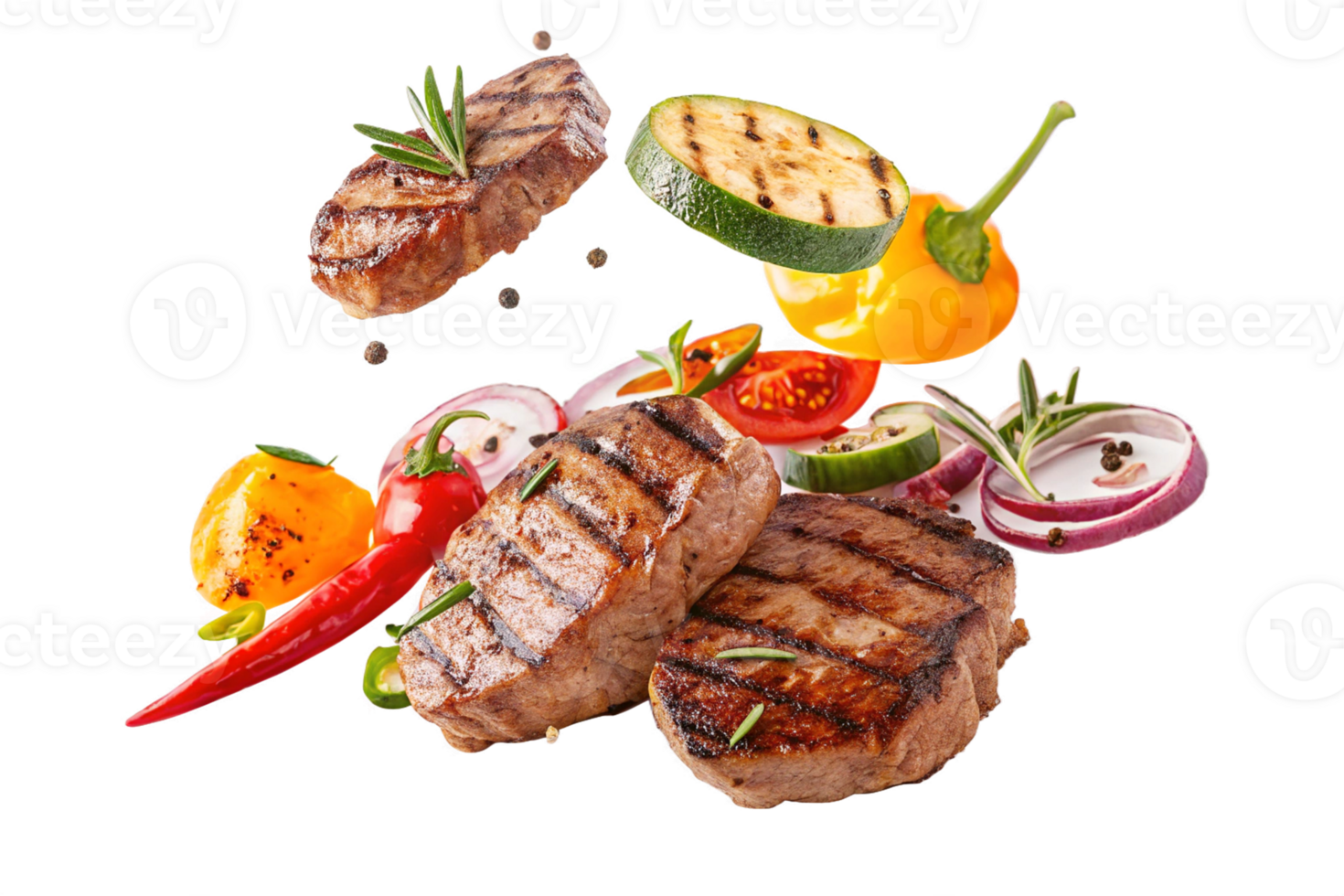 grelhado carne com legumes com brilhante cores flutuando isolado, hdr imagem - gerado de ai png
