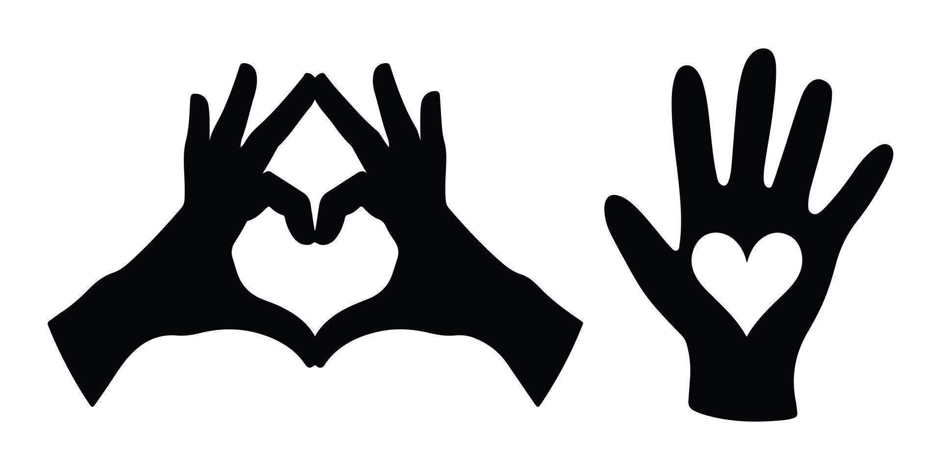 Two hands forming a heart shape and a hand holding a heart, simple silhouette design. vector