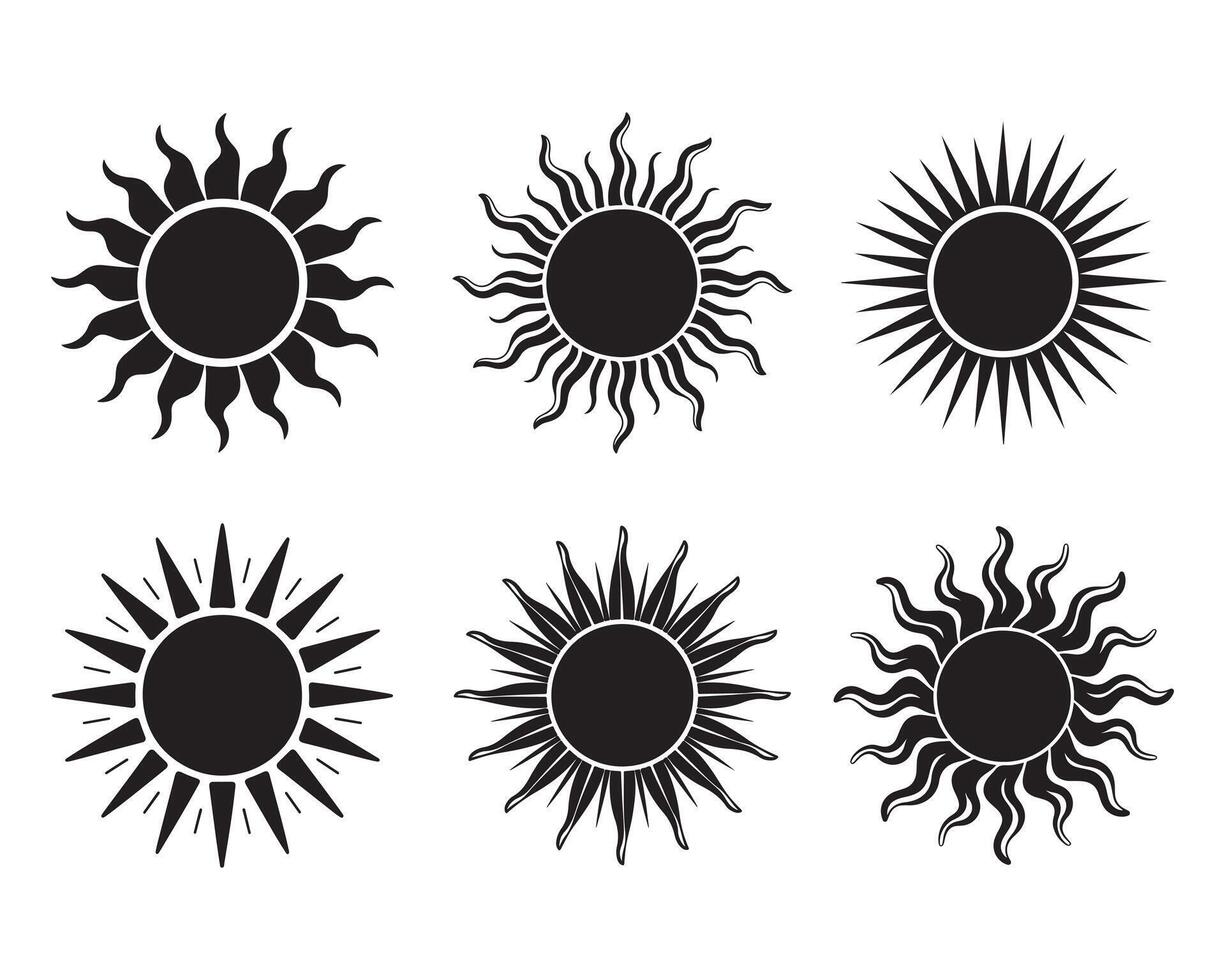 Six black and white sun icons for graphic design vector