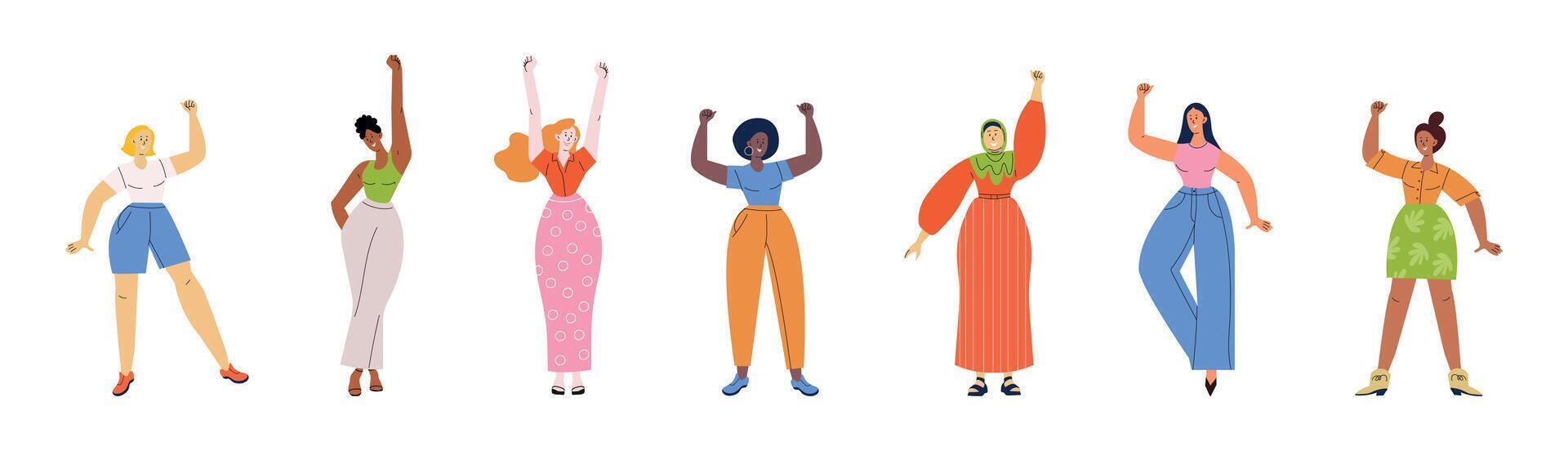 Diverse, happy women standing together, smiling warmly while raising their fists in celebration. A flat illustration representing diversity, unity, and inclusion. Accelerate action, IWD 2025. vector