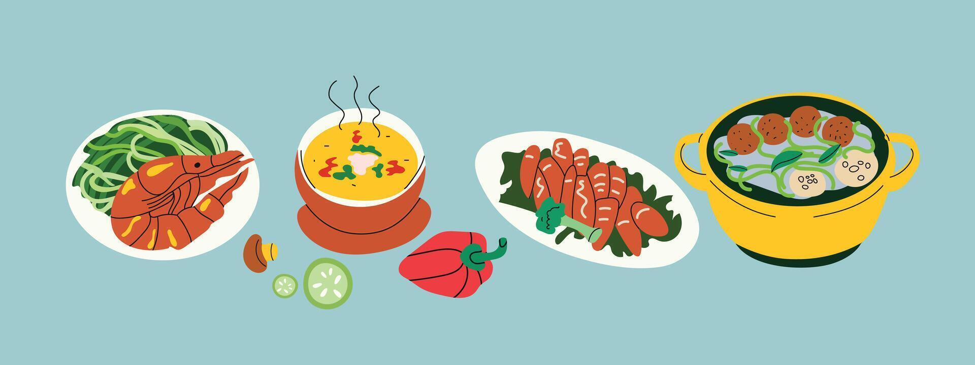 Tasty food set illustration. A vibrant collection of various delicious dishes, including soup in a pot, seafood, meat, vegetables, and a hot dish on a plate. vector