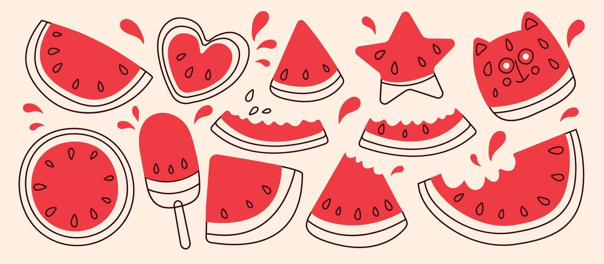 Hand drawn set of watermelons. Line art illustration featuring various stylized watermelon slices. Collection of different shapes, including semicircles, triangles, and hearts. Fresh summer watermelon vector