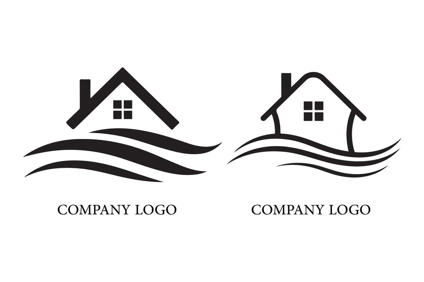 Simple black and white logo of a house with wavy lines, representing real estate or a similar service. vector