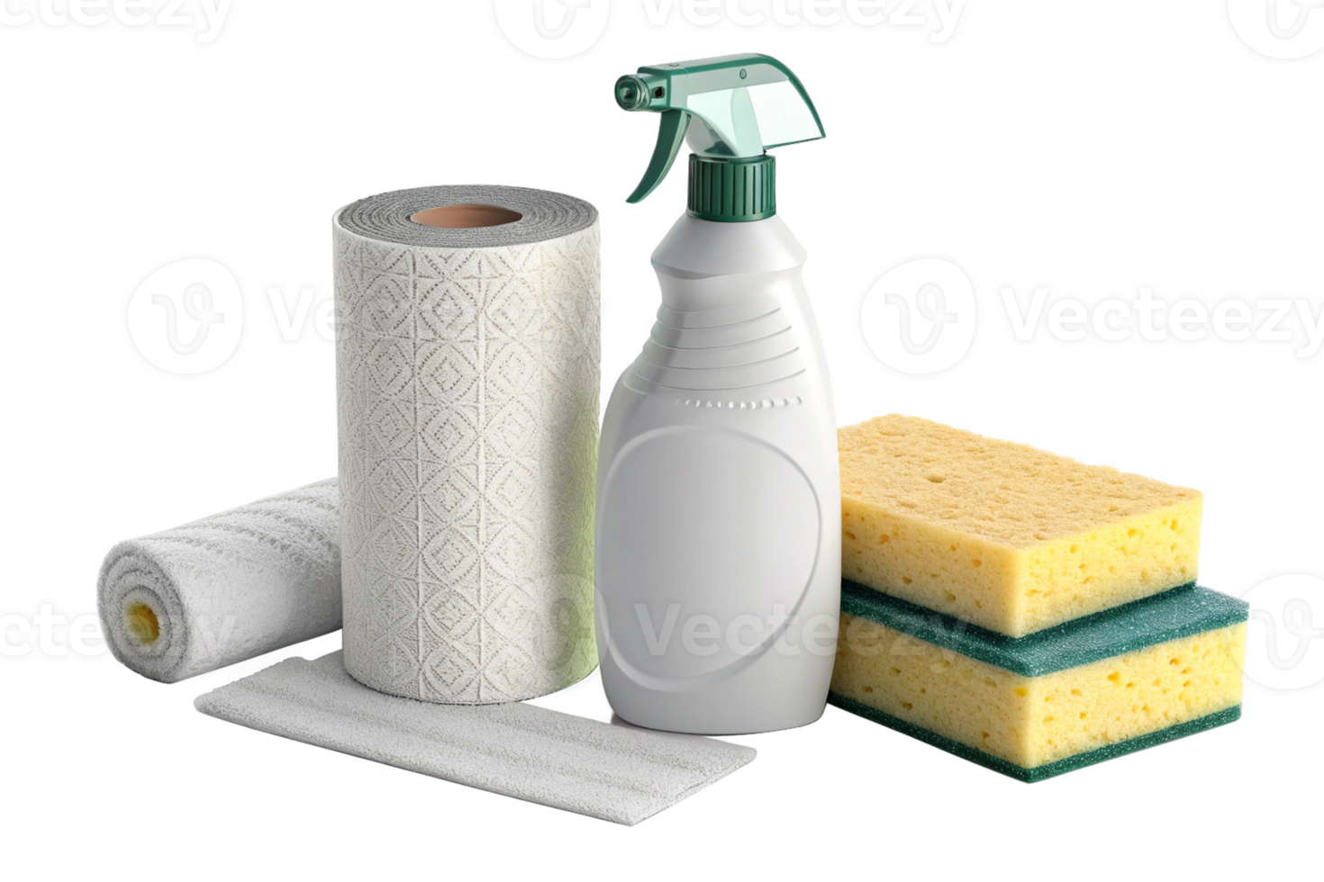 Detergents cleaning accessories rubber glove and rags for dishwashing isolated - 3d rendering-generated by ai png