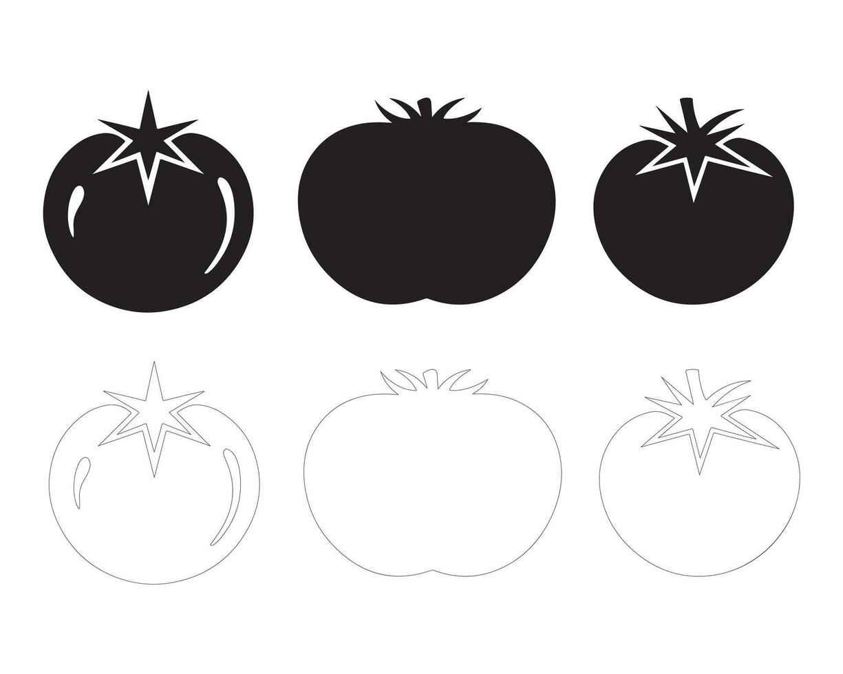 Three variations of a black and white tomato silhouette. vector