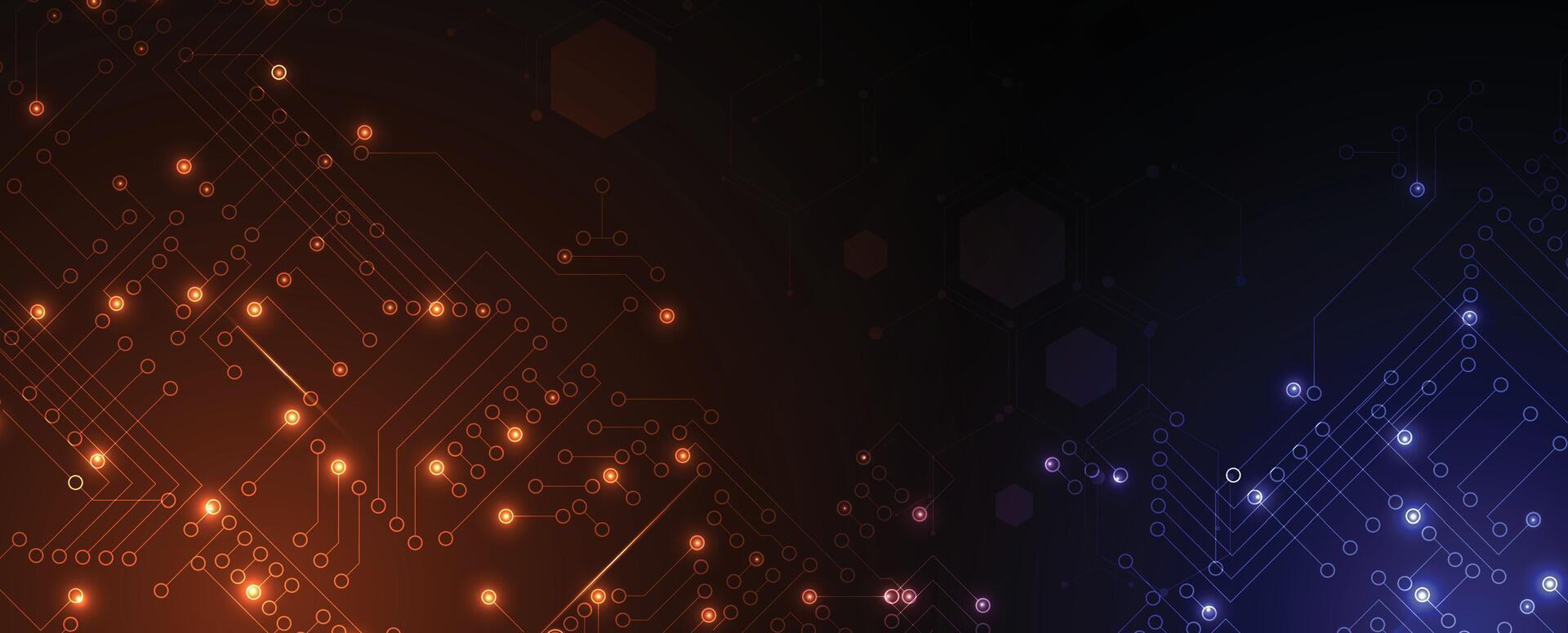 abstract orange and purple background with glowing lights and circuit board vector