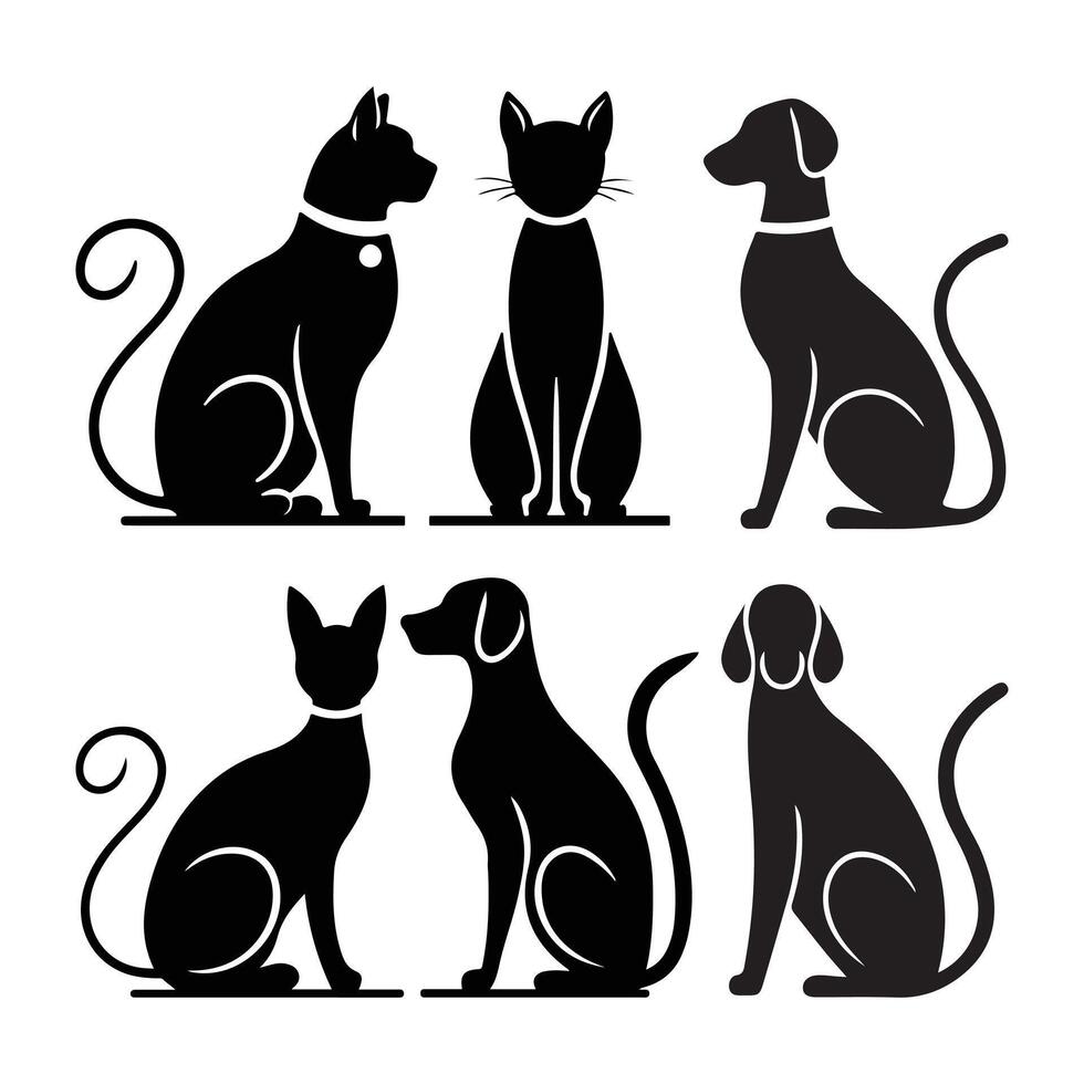 Set of Silhouettes of Cats and Dogs in Different Poses vector