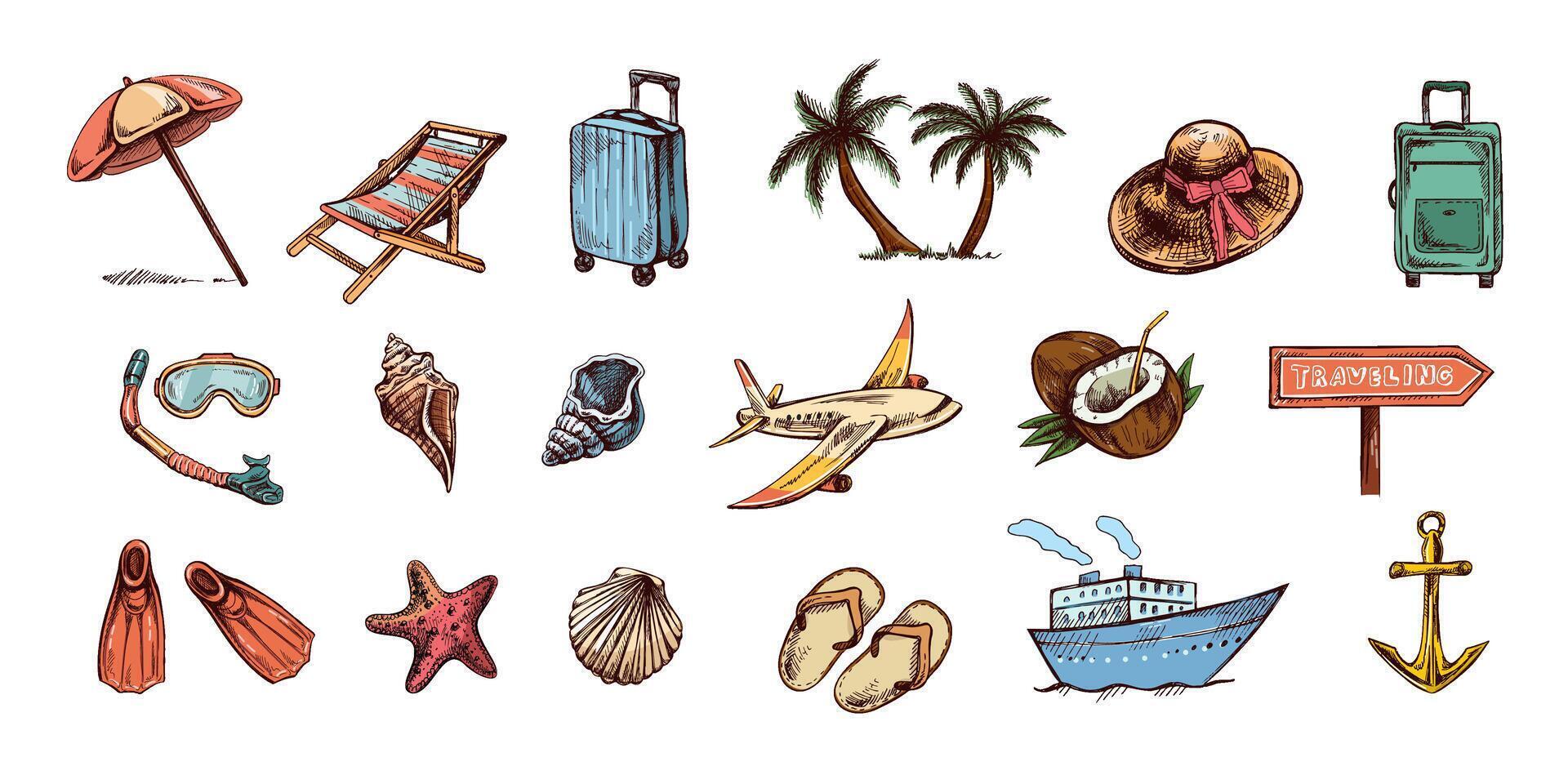 Hand drawn colored sketch set of travel icons. Sea Tourism and adventure icons. Clipart with travelling elements, transport, palm, seashells, luggage, beach, diving equipment. vector