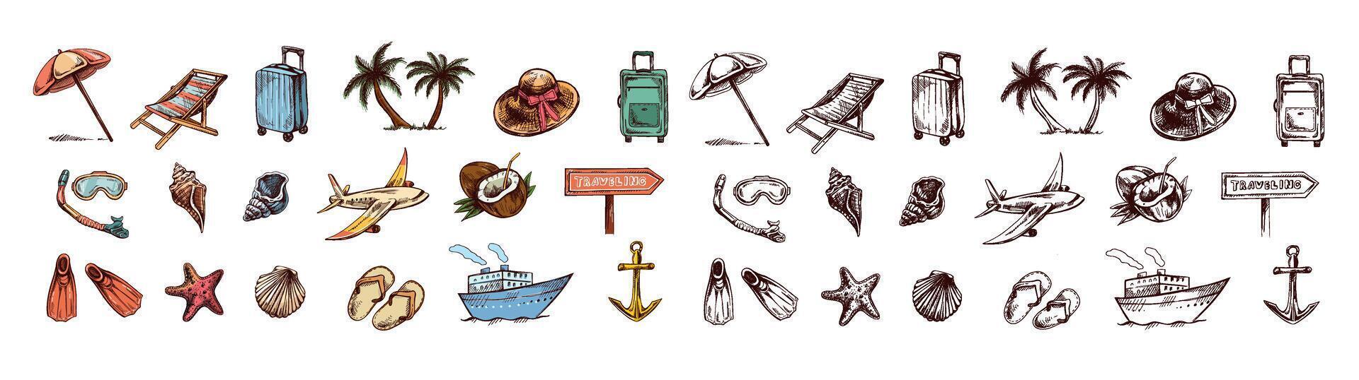 A set of hand-drawn color and monochrome travel sketches. Icons for marine tourism and adventure. A clipart with travel elements, transportation, palm trees, seashells, luggage, beach vector