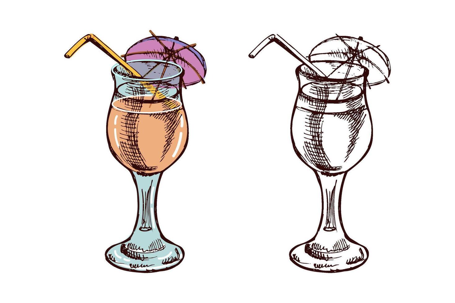 Tropical summer hand drawn colored and monochrome cocktail with umbrella and straw in vintage sketch style vector