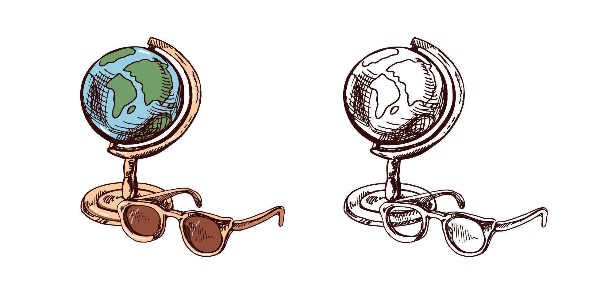 Hand drawn colored and monochrome sketch of vintage globe and glasses. Vintage illustration isolated on white background. Doodle drawing. vector
