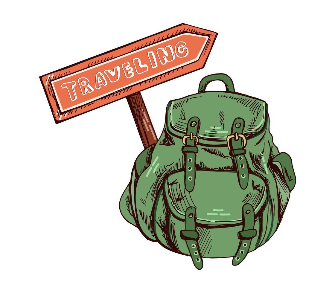 Hand drawn colored sketch of camping backpack with signpost with inscription traveling. Vintage illustration isolated on white background. Doodle drawing. vector