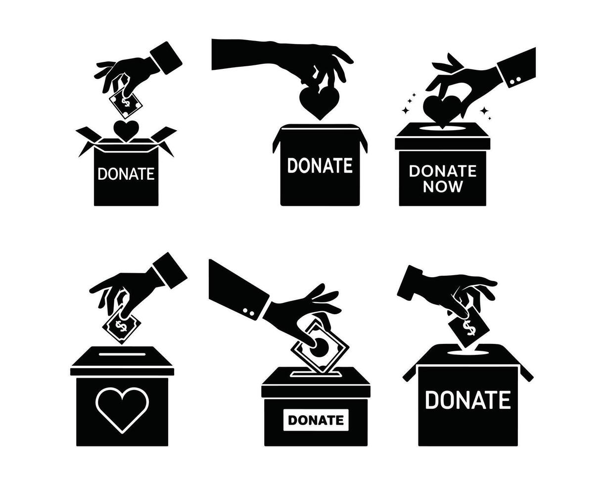 Set of Donation Box Icons with Hands Giving Money and Heart vector