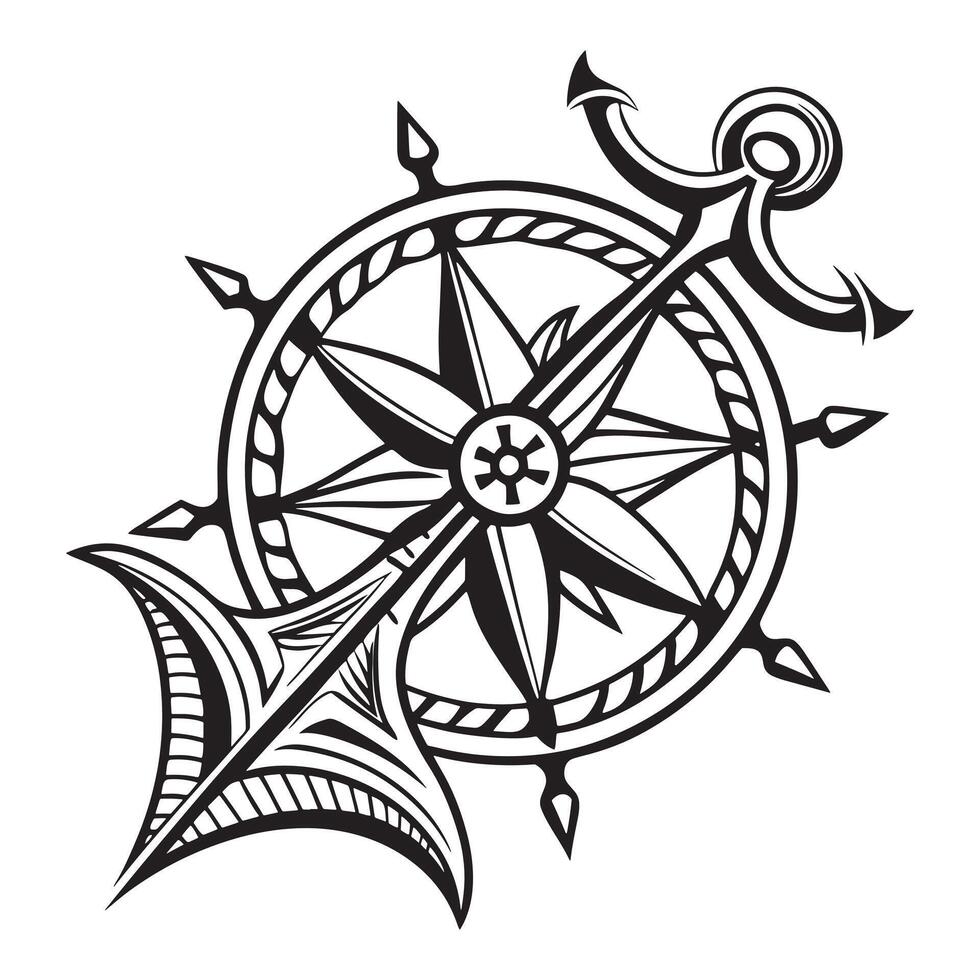 Intricate nautical design combining compass rose, anchor, and ship's wheel. vector