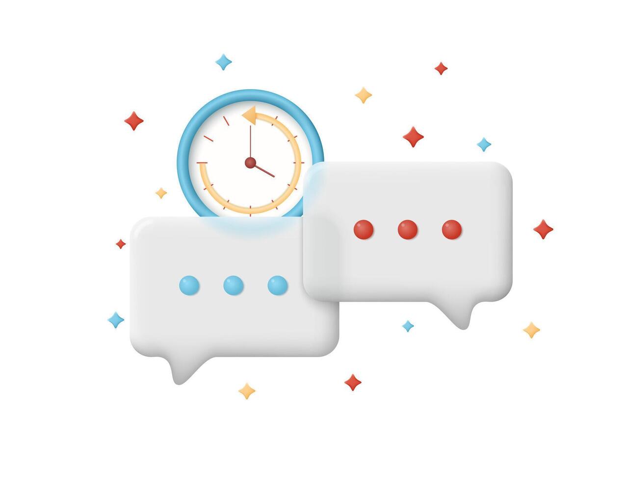 Speech bubbles and analog clock icon. Concept of reminder about duration and start of conversation. 3d illustration. vector