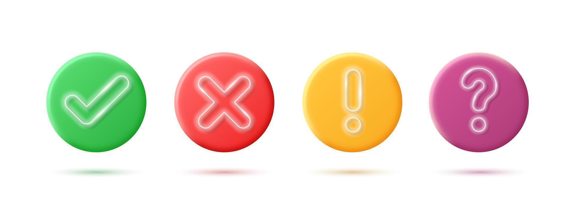 Set of realistic 3d signs check mark, caution, hint and cross isolated on white background. vector