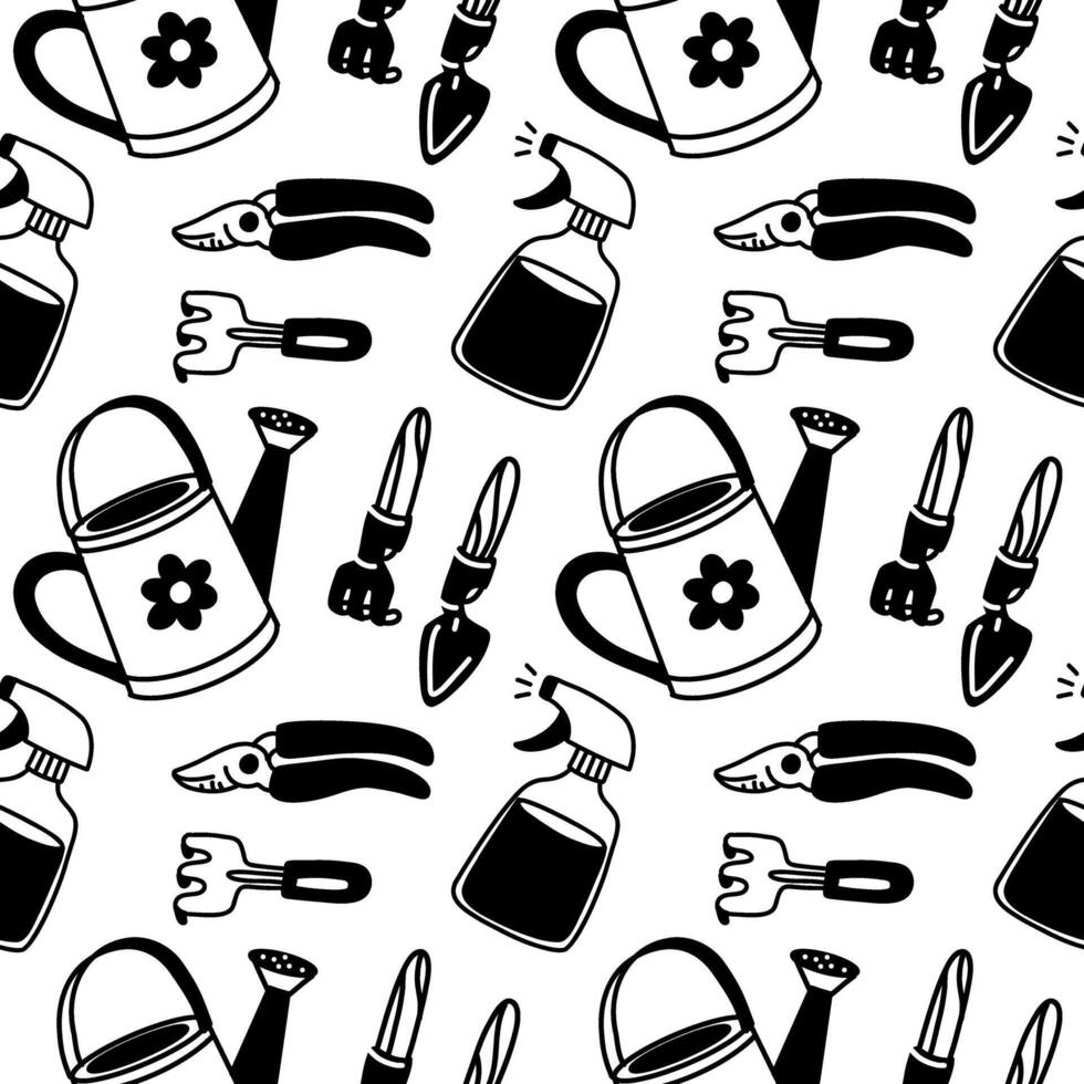 pattern of garden maintenance tools. Spring, garden. Texture on a white background. Monochrome illustration in the form of flat drawings. Tools for the garden. Planting, watering and caring for plants vector