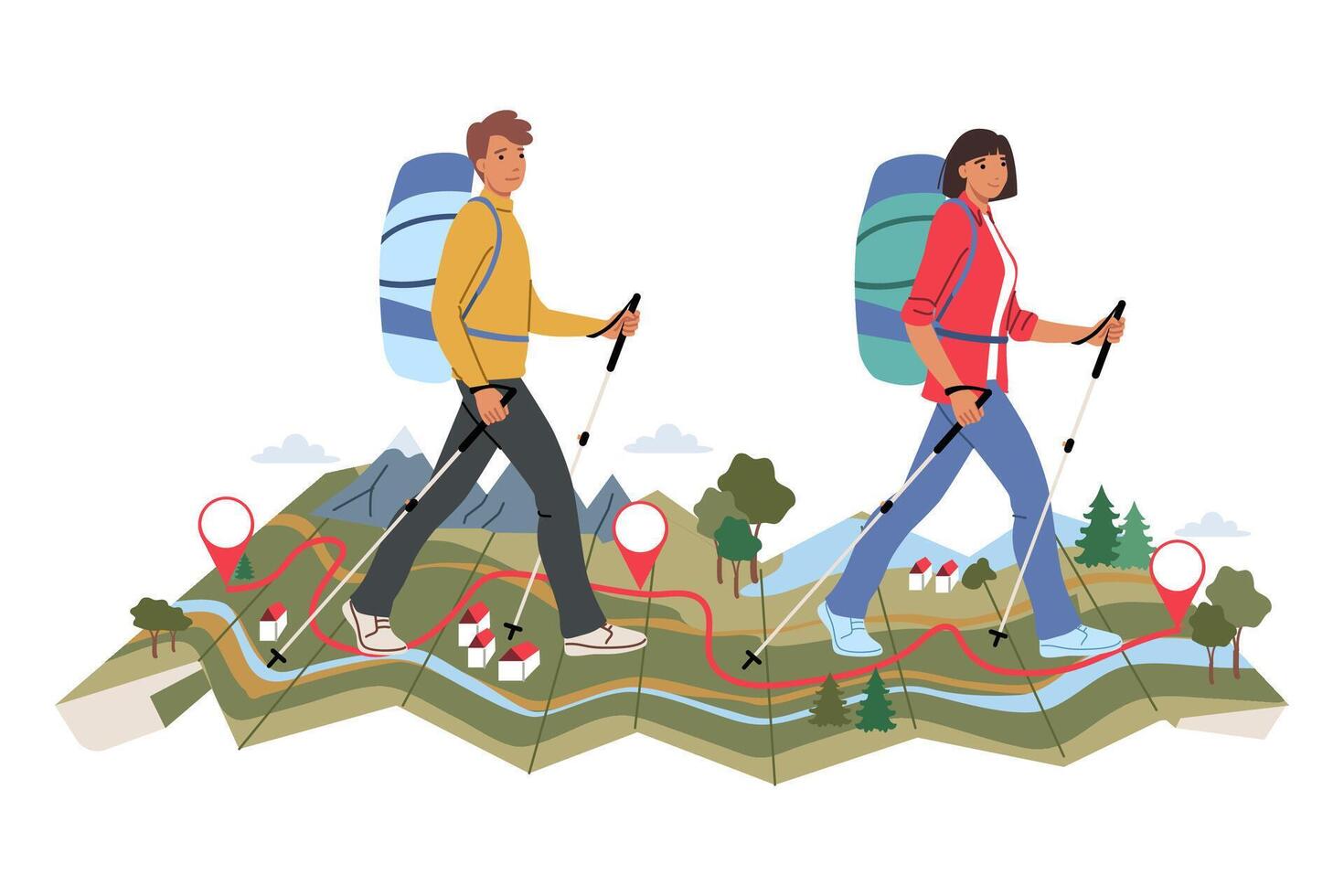 Man and woman went on hike together, walking along huge map with river and mountains vector