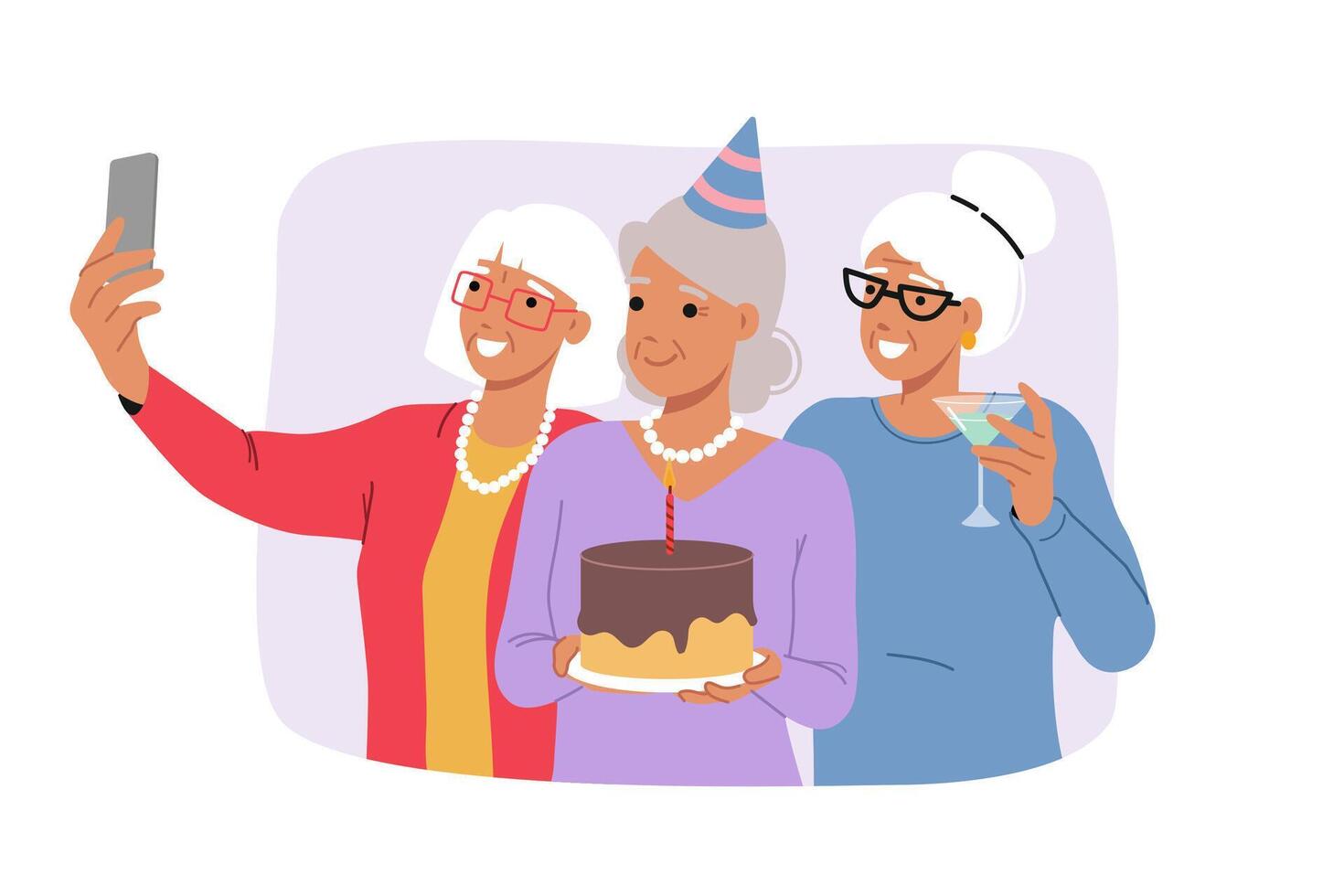 Birthday celebration of elderly woman holding cake and posing for selfie with friends vector