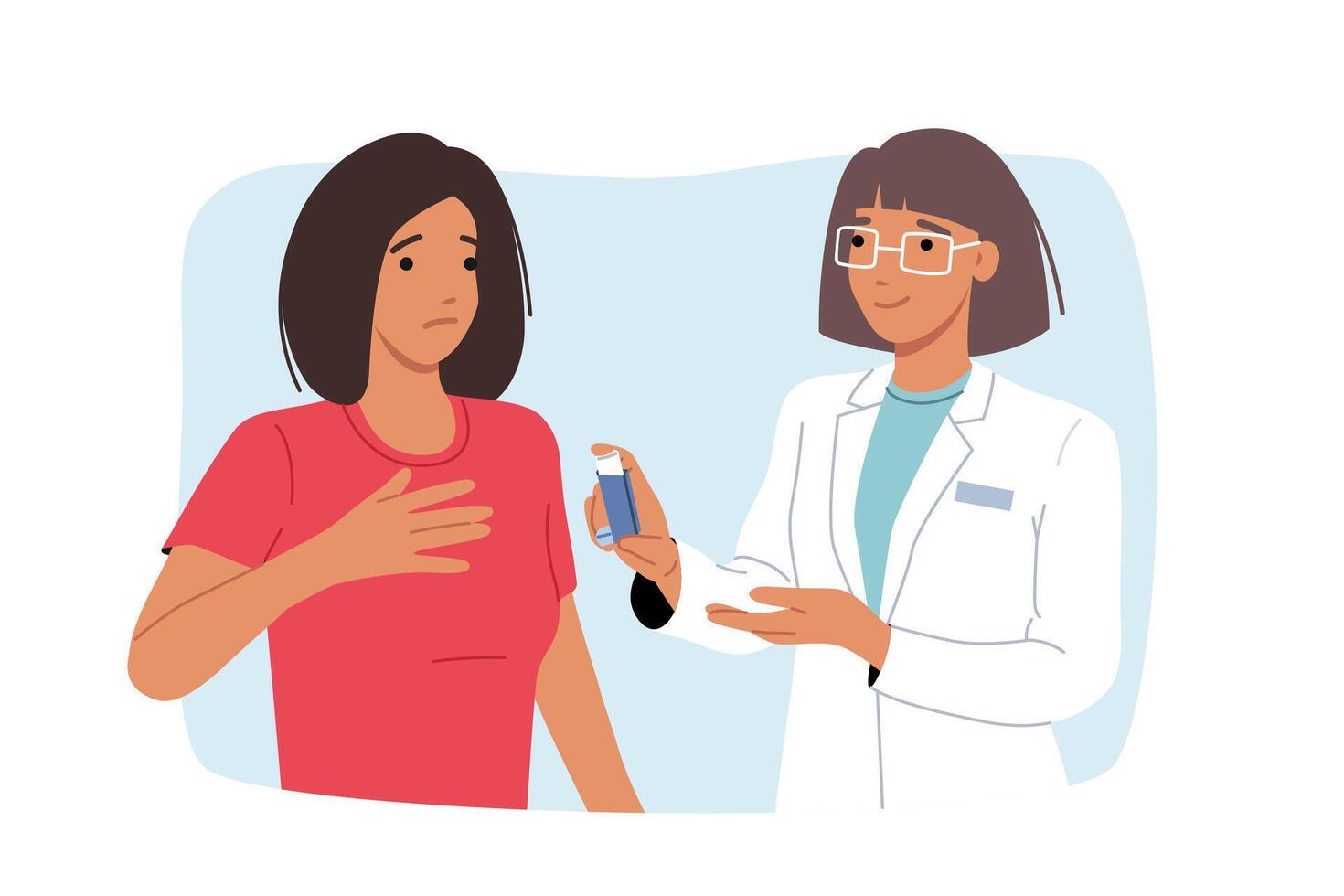 Doctor gives inhaler to woman who is suffering from asthma or allergies and shortness of breath vector