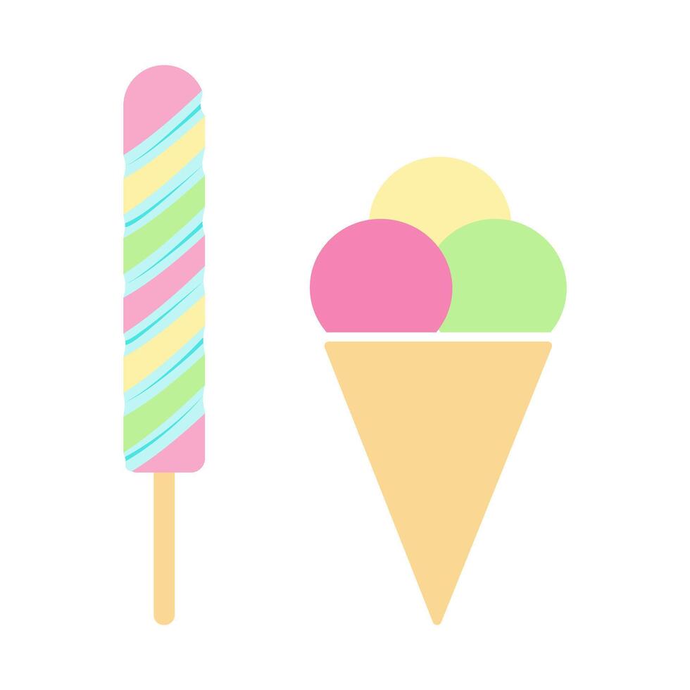 Rainbow Swirl Lollipop and Waffle Triple Scoop Ice Cream Cone World Ice Cream Day element concept. Isolated illustration kids party invites, candy shop branding, summer ads or web promo leaflet vector