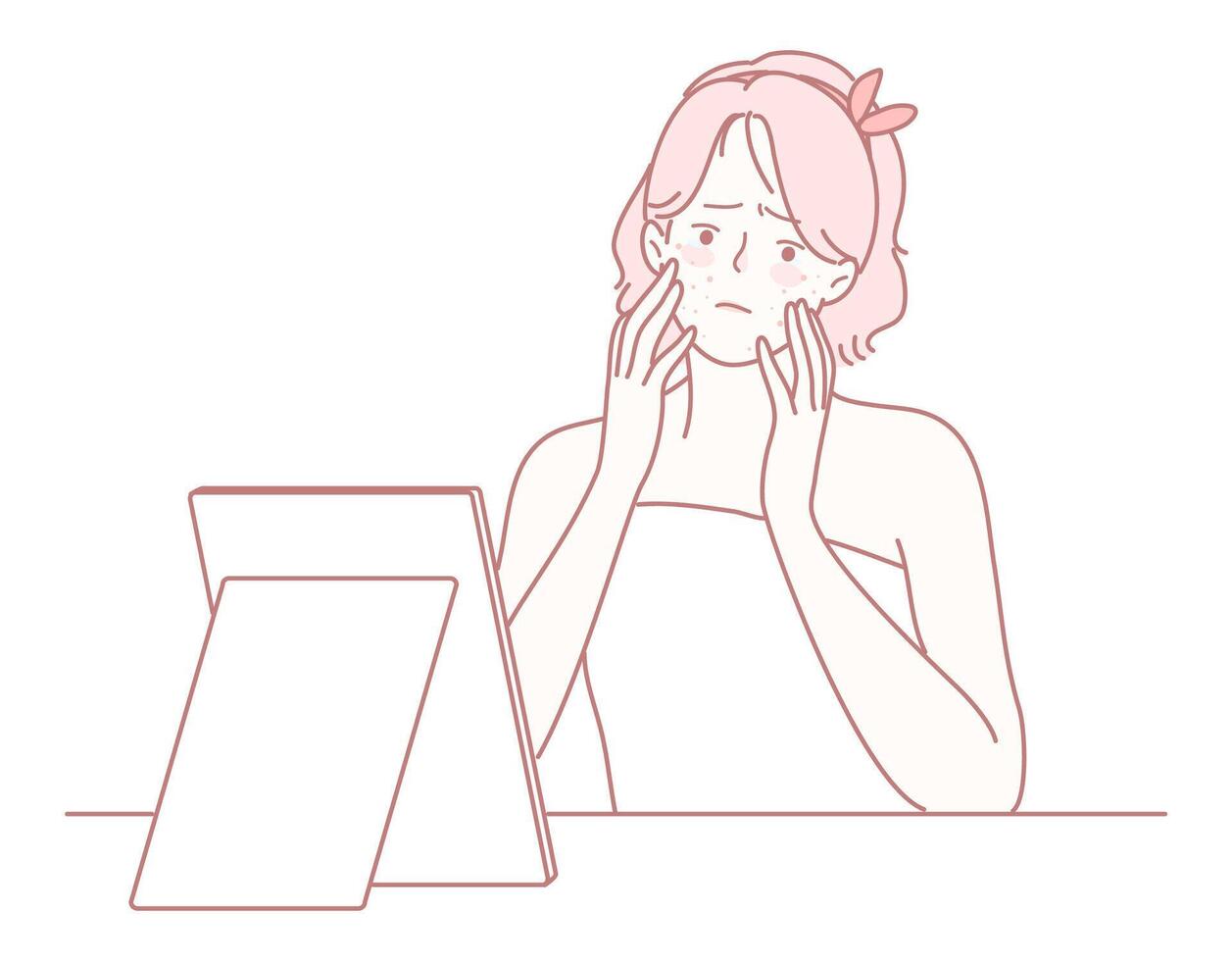 A woman is expressing her concerns and feelings while gazing thoughtfully into a mirror vector