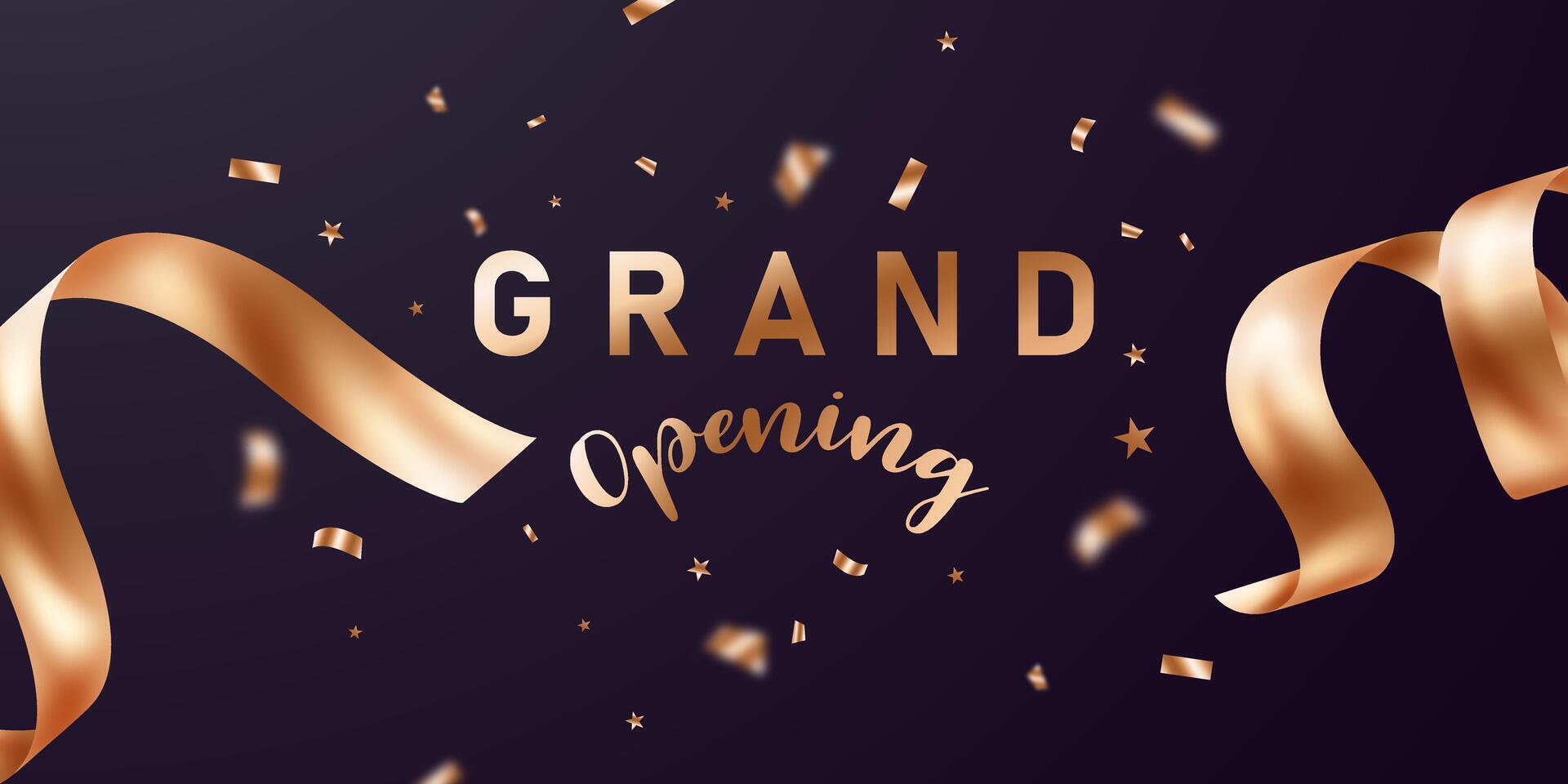Grand opening banner with golden ribbon and confetti vector