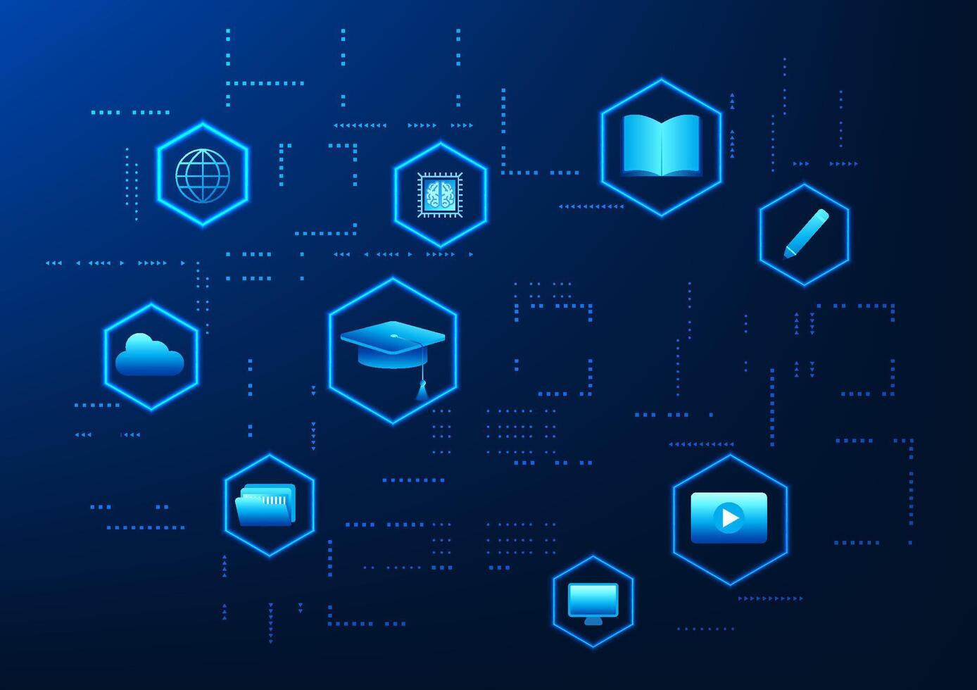 Educational Technology with education icons in hexagon shape, represents digital innovation, improves learning, E-Learning, AI Tutor, Virtual Classroom and also helps develop business organizations. vector