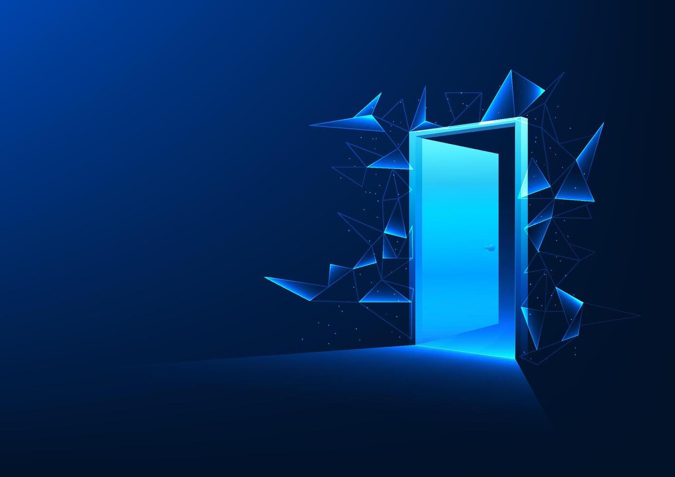 Door to the world of technology. The door opens forward and is surrounded by lines connecting data. Innovation AI, blockchain, quantum computing. Doing business, increasing efficiency, reducing costs vector