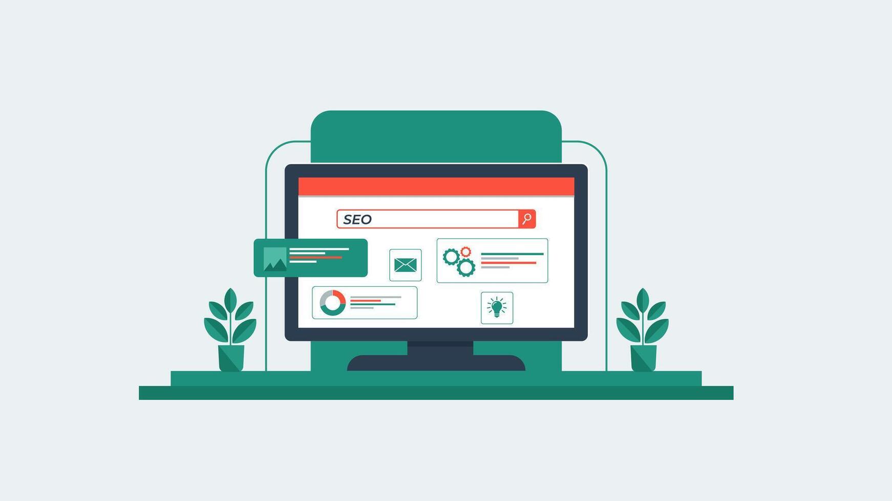 SEO Solutions for Growth and Brand Success. with computer a computer for analysis SEO vector