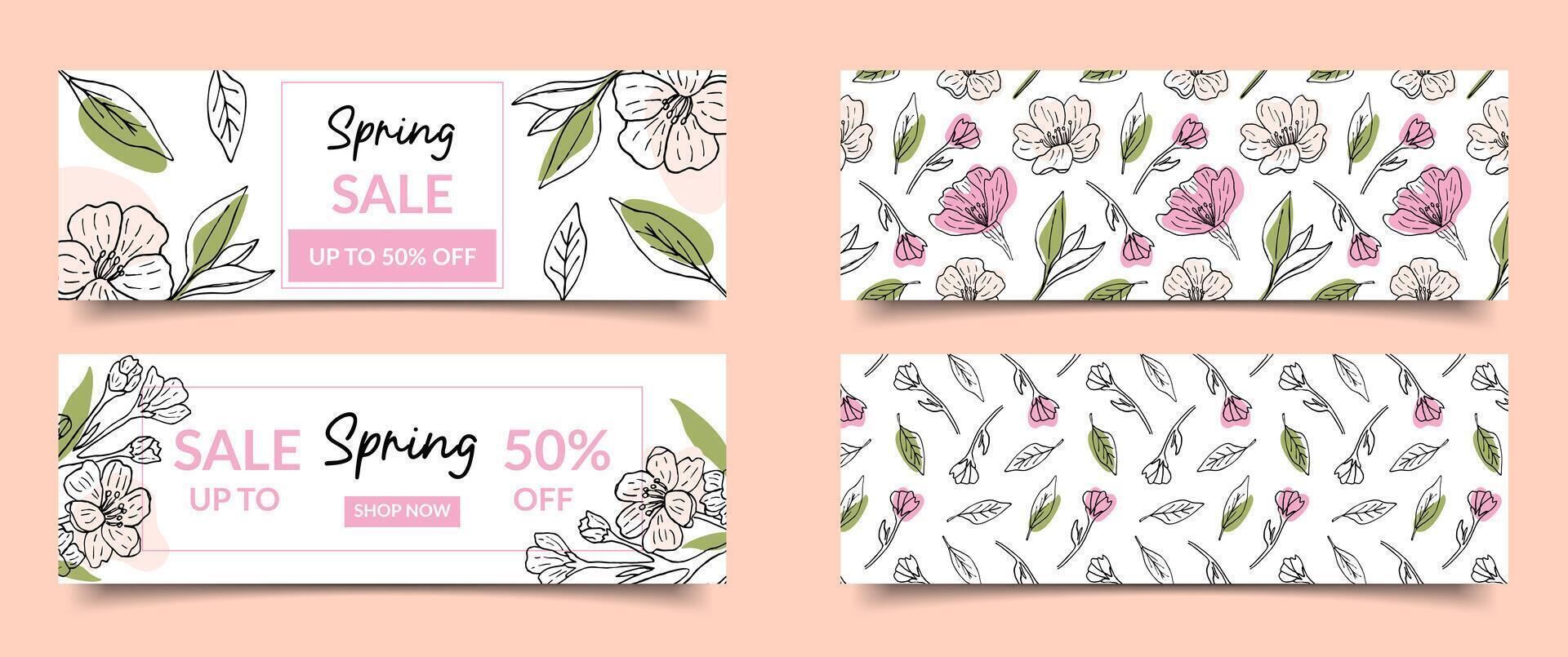 Double-sided templates for spring sale banners with blooming branches of Japanese sakura, floral patterns, horizontal layouts, for a trade sale. Poster, postcard, web, flyer, advertising brochure. vector