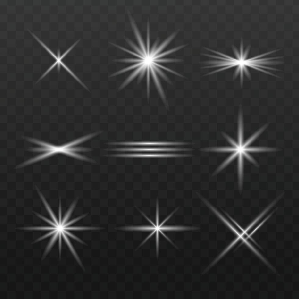Set of glowing white light effects, glare, explosion, stars, sparkles, sun glare vector