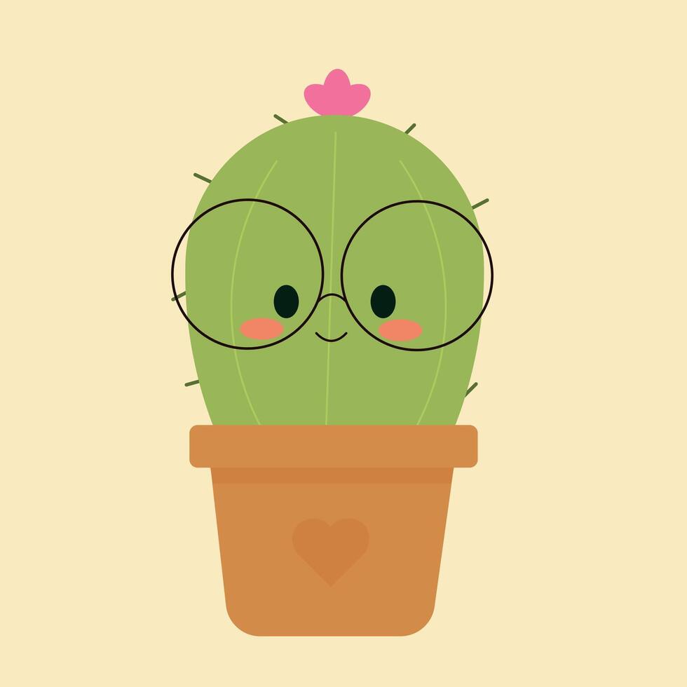 illustration with cute kawaii cactus with glasses vector