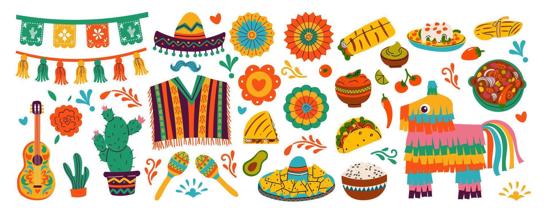 Cinco de Mayo, Mexican holiday big set, party elements pinatas, sombreros, a guitar, cactus and decoration isolate on white background for banner ,card or sticker design vector