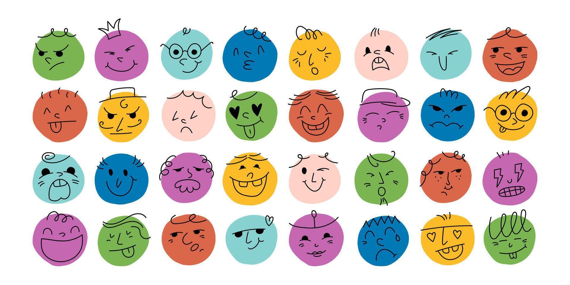Round abstract comic Faces with various Emotions. Crayon drawing style. Different colorful characters. Cartoon style. Flat design. Hand drawn trendy illustration. vector