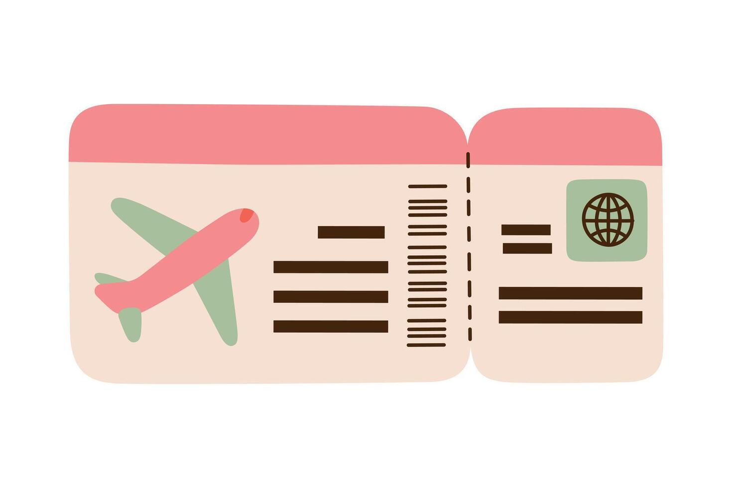 Flat cartoon illustration of cute airplane ticket. Simple and minimalistic travel themed design, perfect for vacation, tourism, flight booking, and adventure concepts. Doodle icon vector