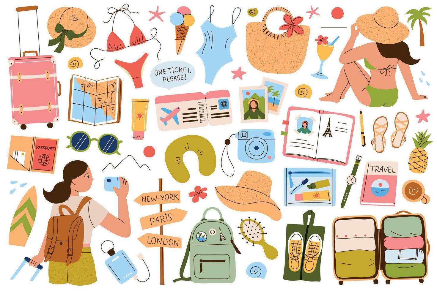 Collection of doodles and female characters, solo travel and travel packing. Suitcases, swimsuits, map. Girl on beach, woman with backpack, tropical vacation icons. Fun illustrations set vector
