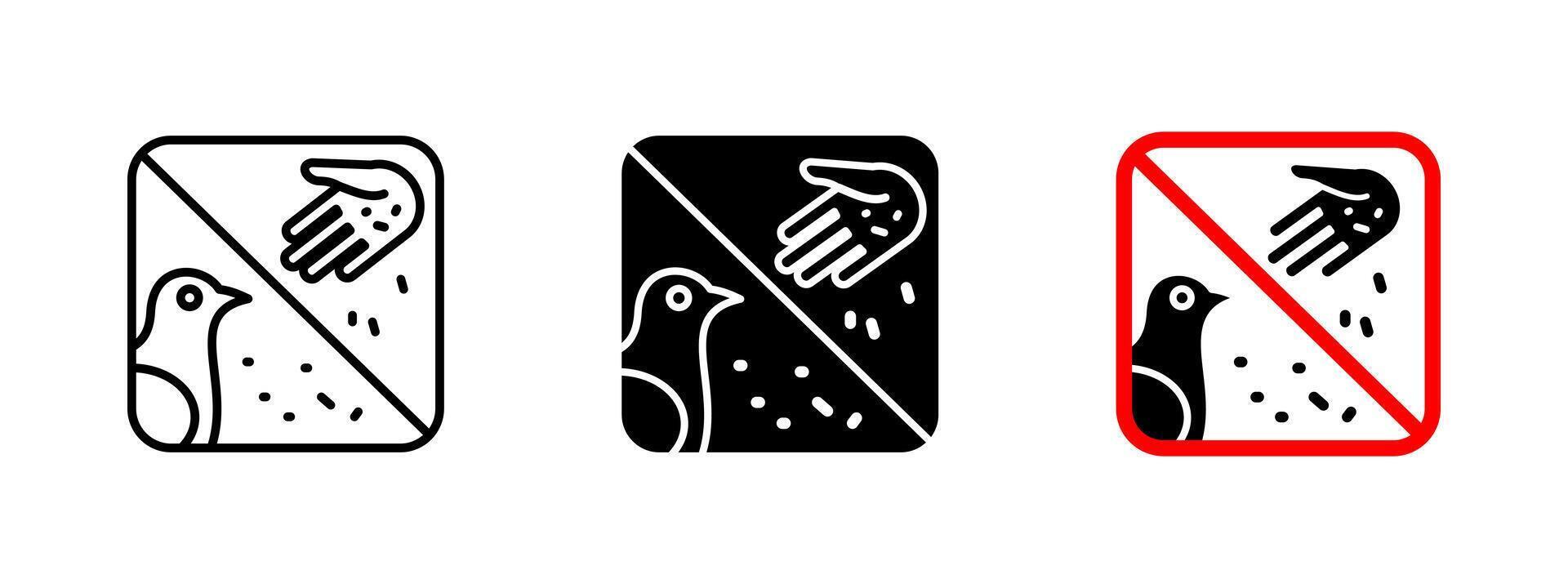 No bird feeding icon. Prohibited wildlife feeding sign with hand and pigeon. Urban area regulation and hygiene warning label. Environmental protection and pest prevention symbol. vector