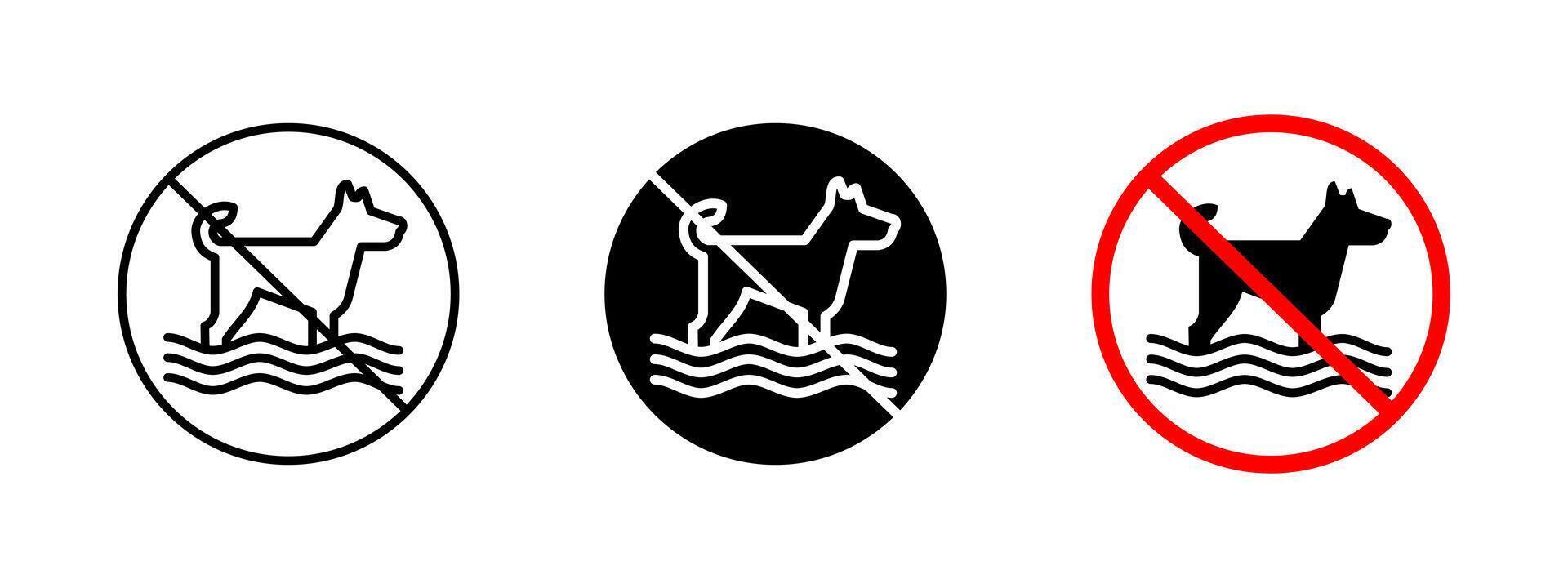 No dog swimming icon. Pet restriction illustration. Prohibited sign indicating that dogs are not allowed in the water. Safety regulation symbol for beaches, pool and public water areas. vector